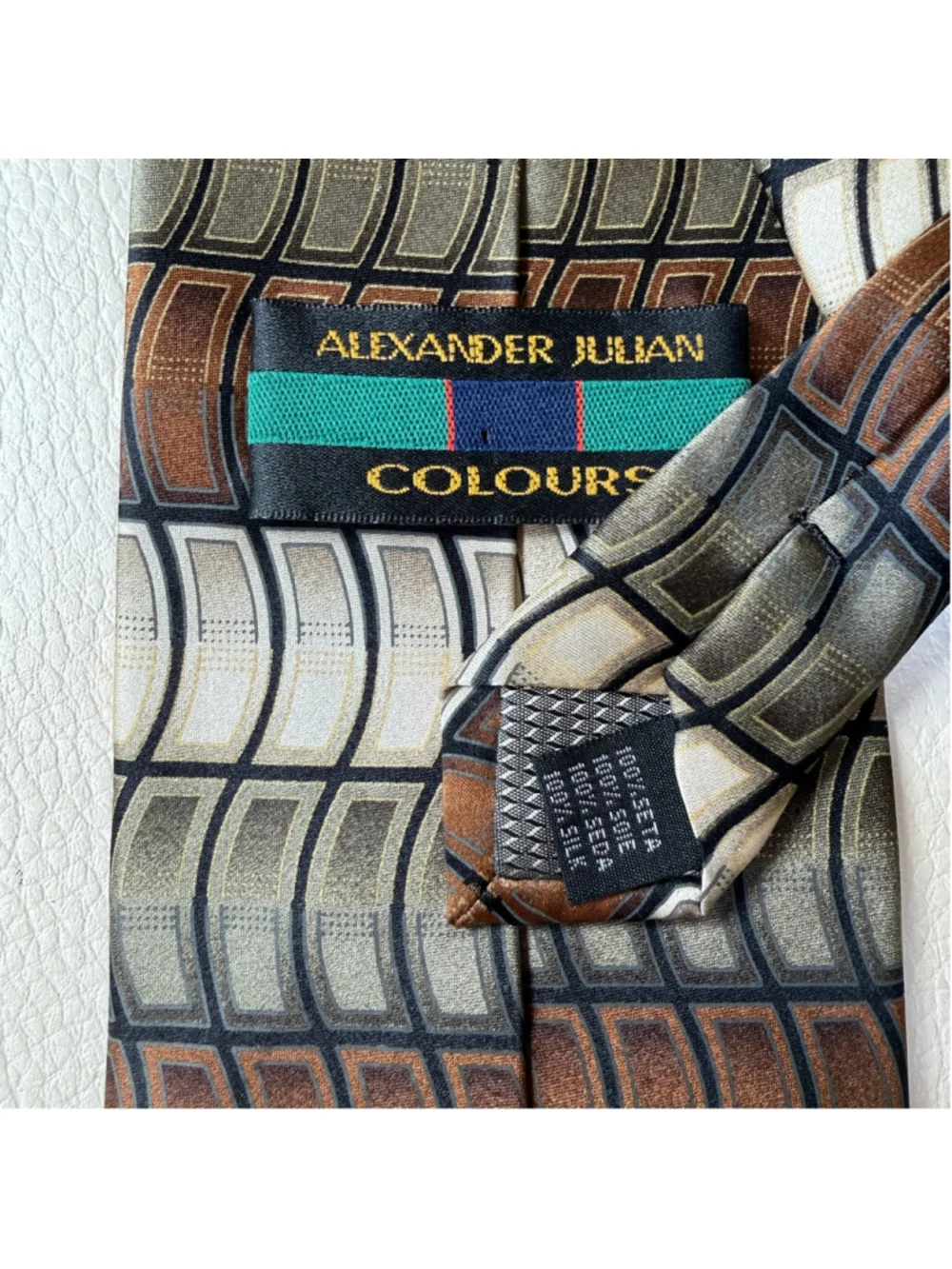 Colours Alexander Julian 100% Silk Tie Brown Gray Geometric Mens Necktie